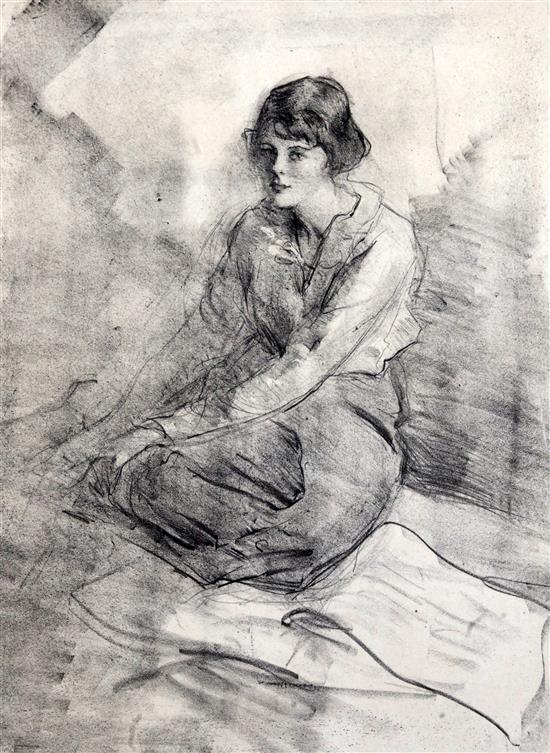Albert de Belleroche (1864-1944) Portraits of female staff at Selfridges in WWI, an oil portrait of a lady and two sketches